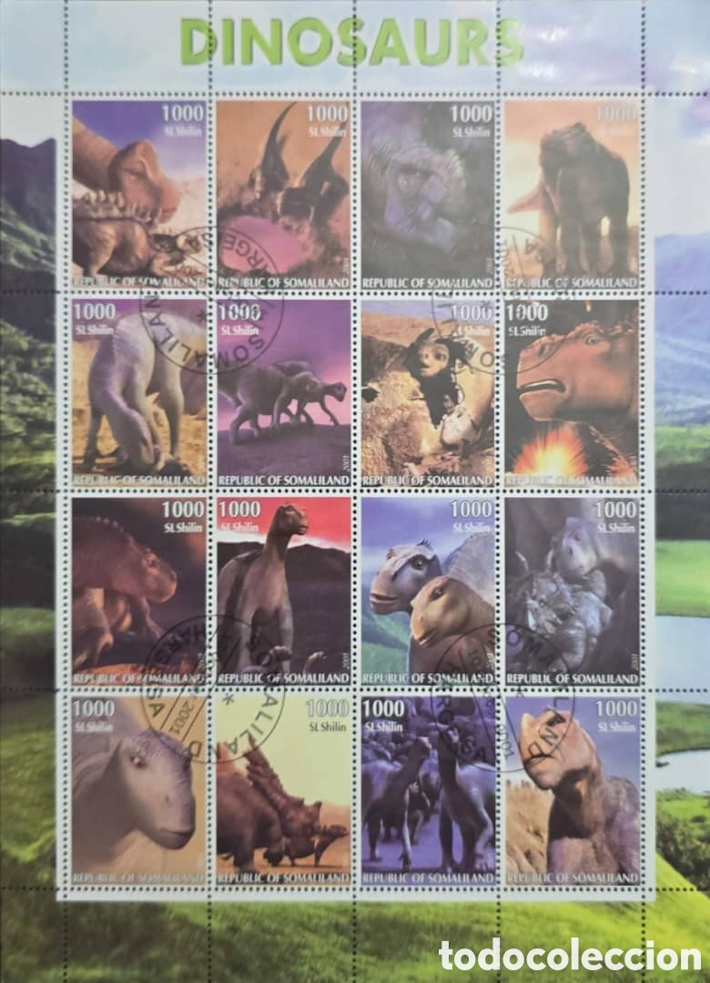 Sellos: CA) Somaliland, 2001. Dinosaurs. Seal leaf with several prehistoric species illustrated in colorful