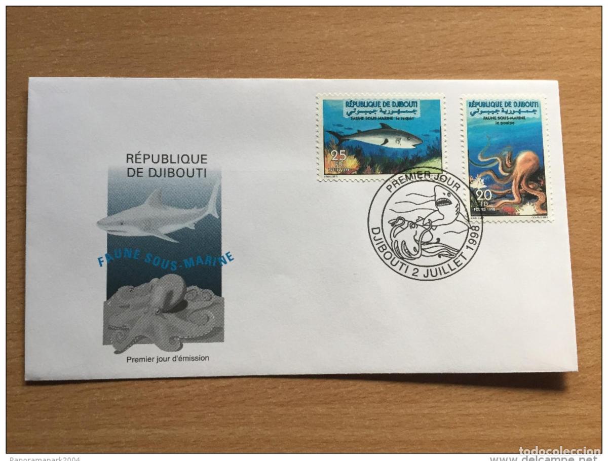 Stamps: Djibouti 1998 FDC Fauna marina submarina tibur&oacute;n pulpo Mi. 665-666