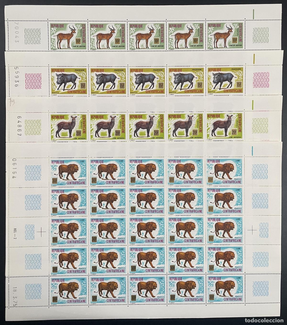 Sellos: Hoja de tabl&oacute;n centroafricana 1975 YT 244-247 animales silvestres jabal&iacute; mazorca le&oacute;n