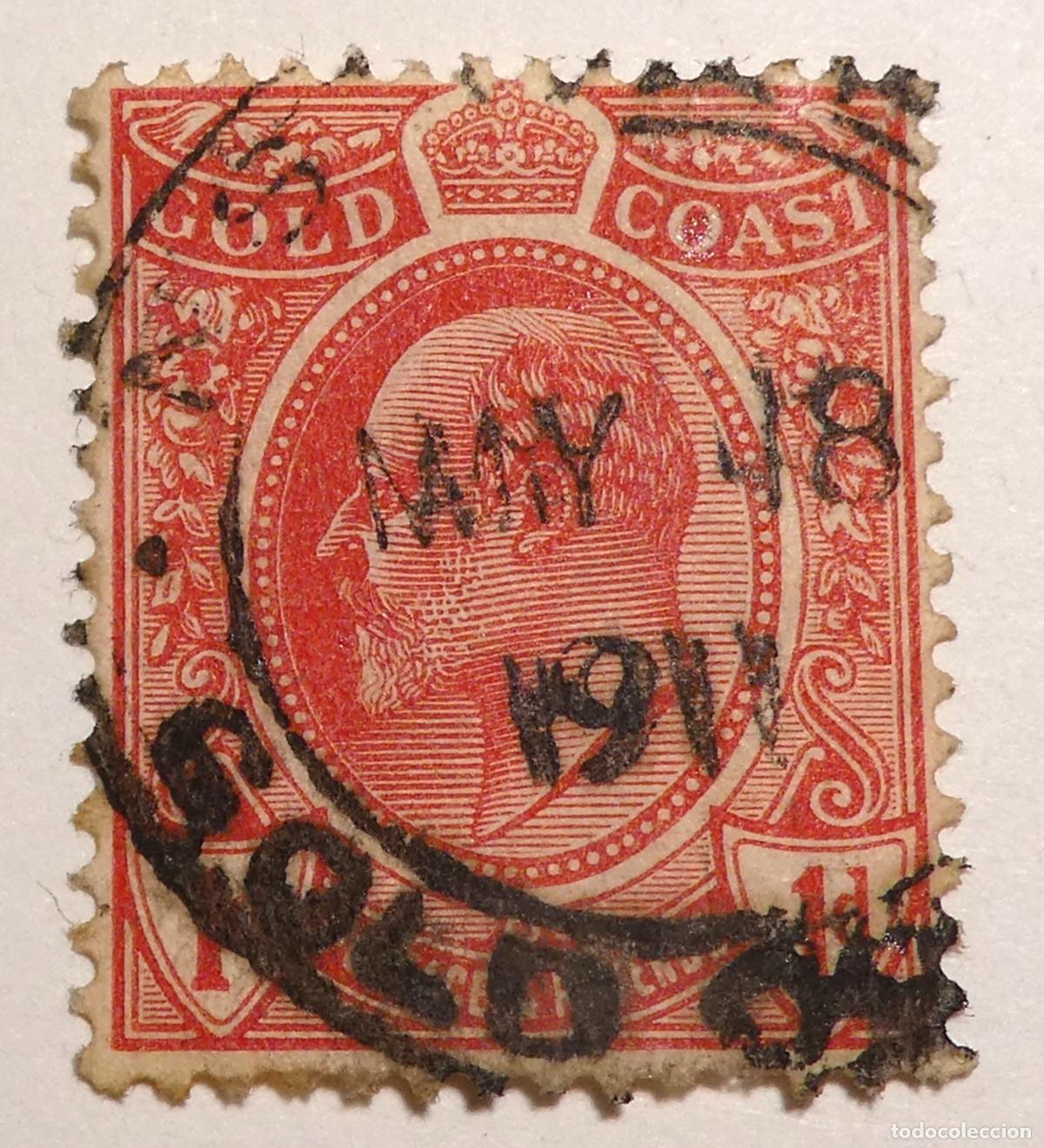 Sellos: Sello postal de 1 penique Jorge V 1908 , Costa de Oro (actual Ghana)