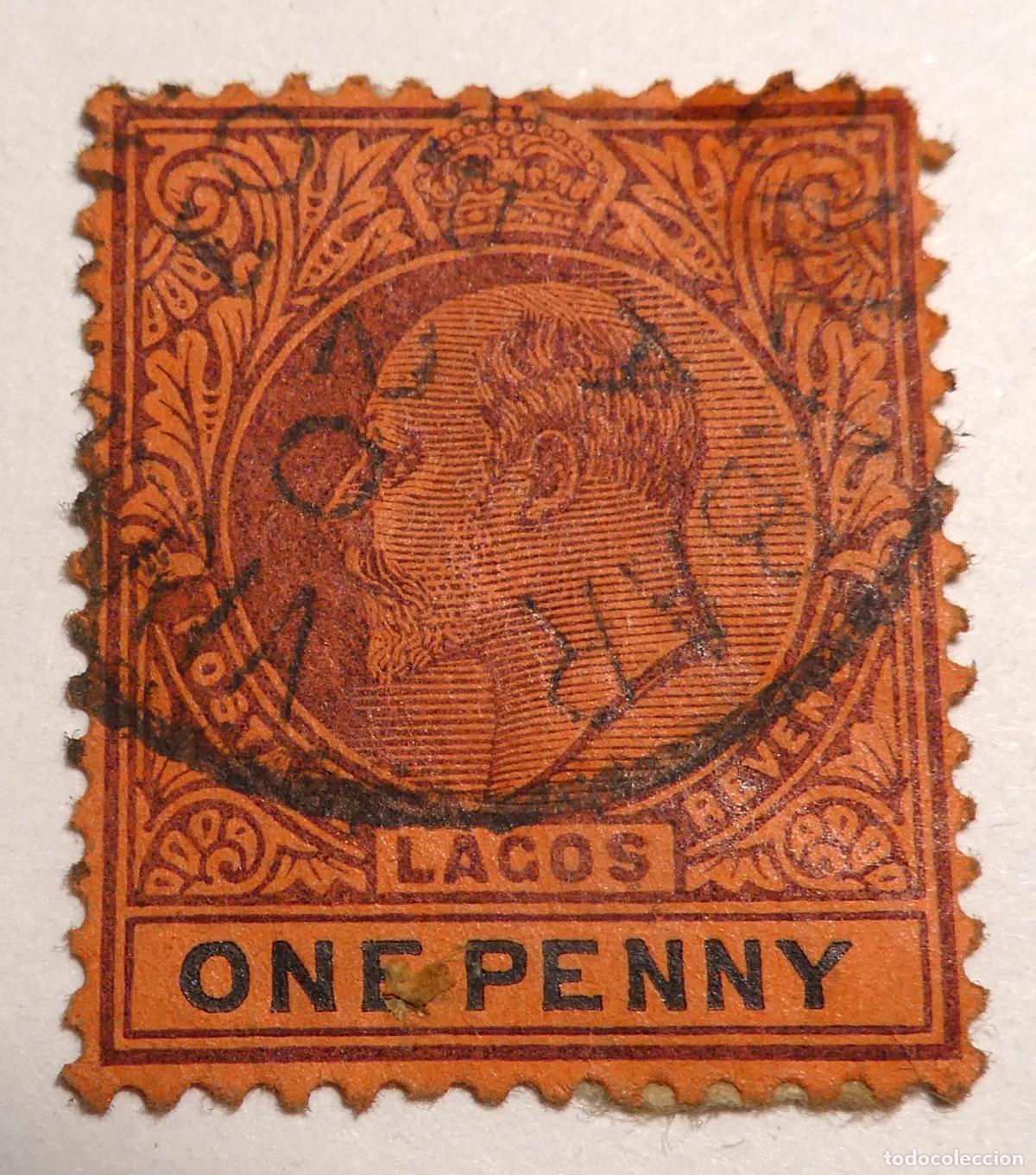 Sellos: Sello postal de 1 penique de Eduardo VII 1904, Colonia Brit&aacute;nica de Lagos actual Nigeria