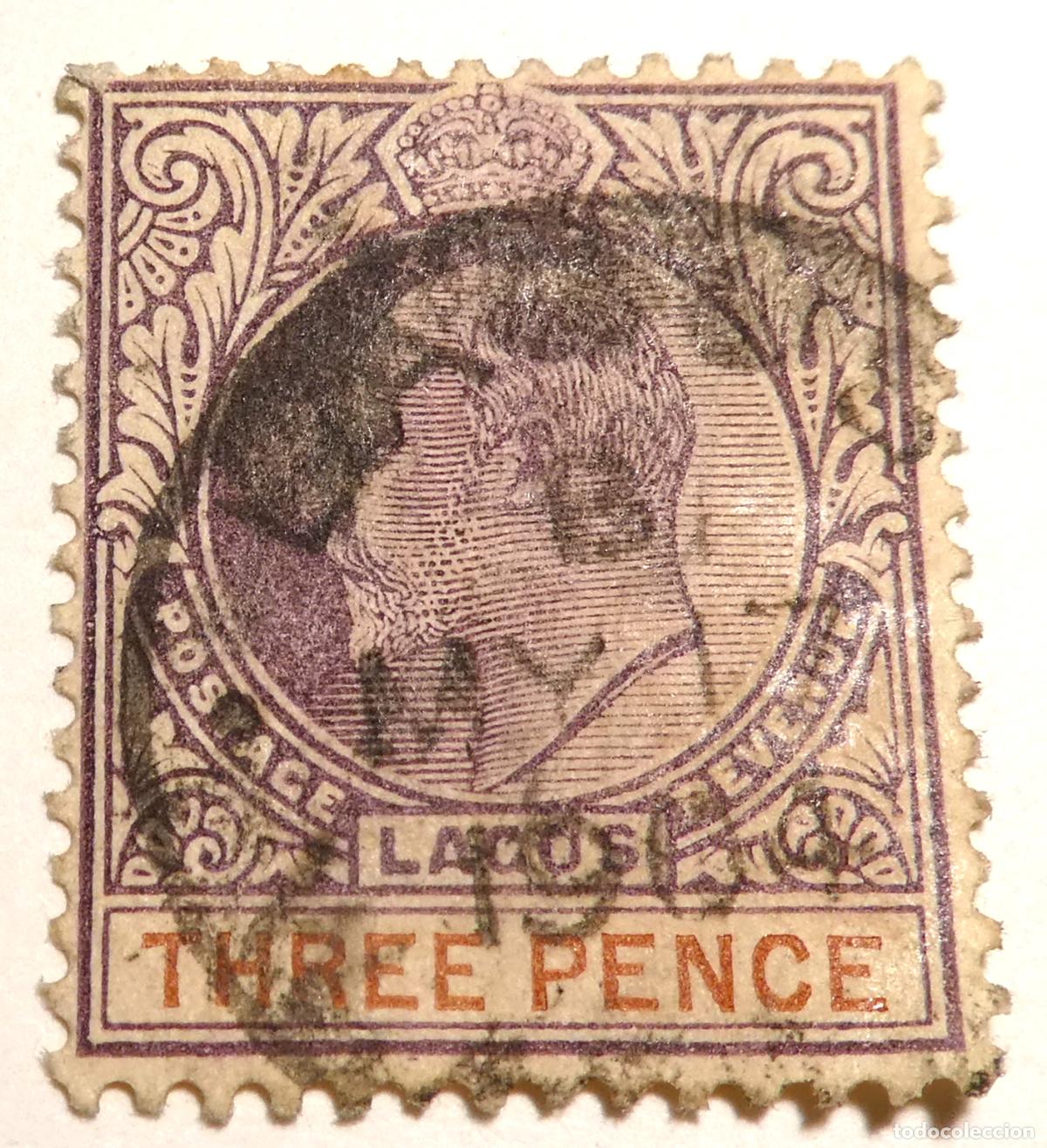 Sellos: Sello postal de 3 peniques 1904 de Eduardo VII, Colonia Brit&aacute;nica de Lagos actual Nigeria