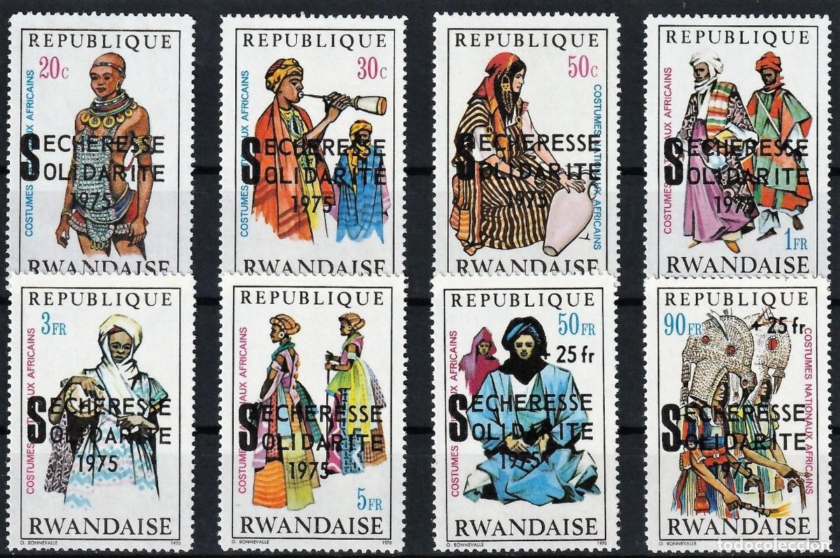 Sellos: RWANDA 1975 SERIE 8 STAMPS MNH OVERPRINTED SOLIDARIDAD CONTRA LA SEQUIA TRAJES NACIONALES COSTUMES