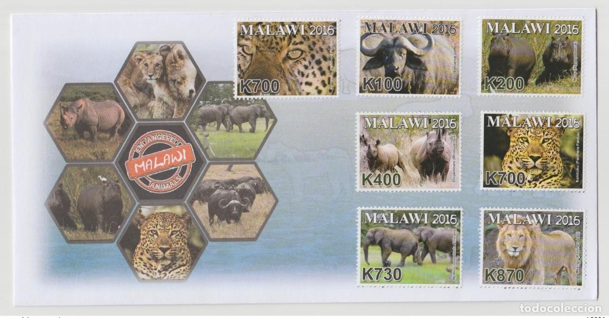 Sellos: Malawi 2016 Animales en peligro de extinci&oacute;n Elefante rinoceronte le&oacute;n FDC 1er d&iacute;a