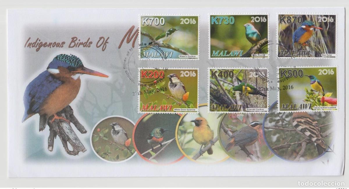 Sellos: Malawi 2016 Aves aut&oacute;ctonas V&ouml;gel P&aacute;jaros fauna FDC Primer d&iacute;a