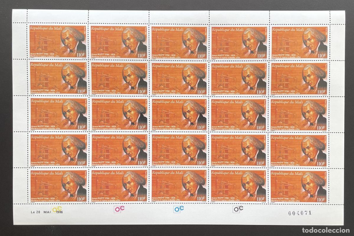 Sellos: Mali 1986 YT 535 tabl&oacute;n James Watt m&aacute;quina vapor inventor