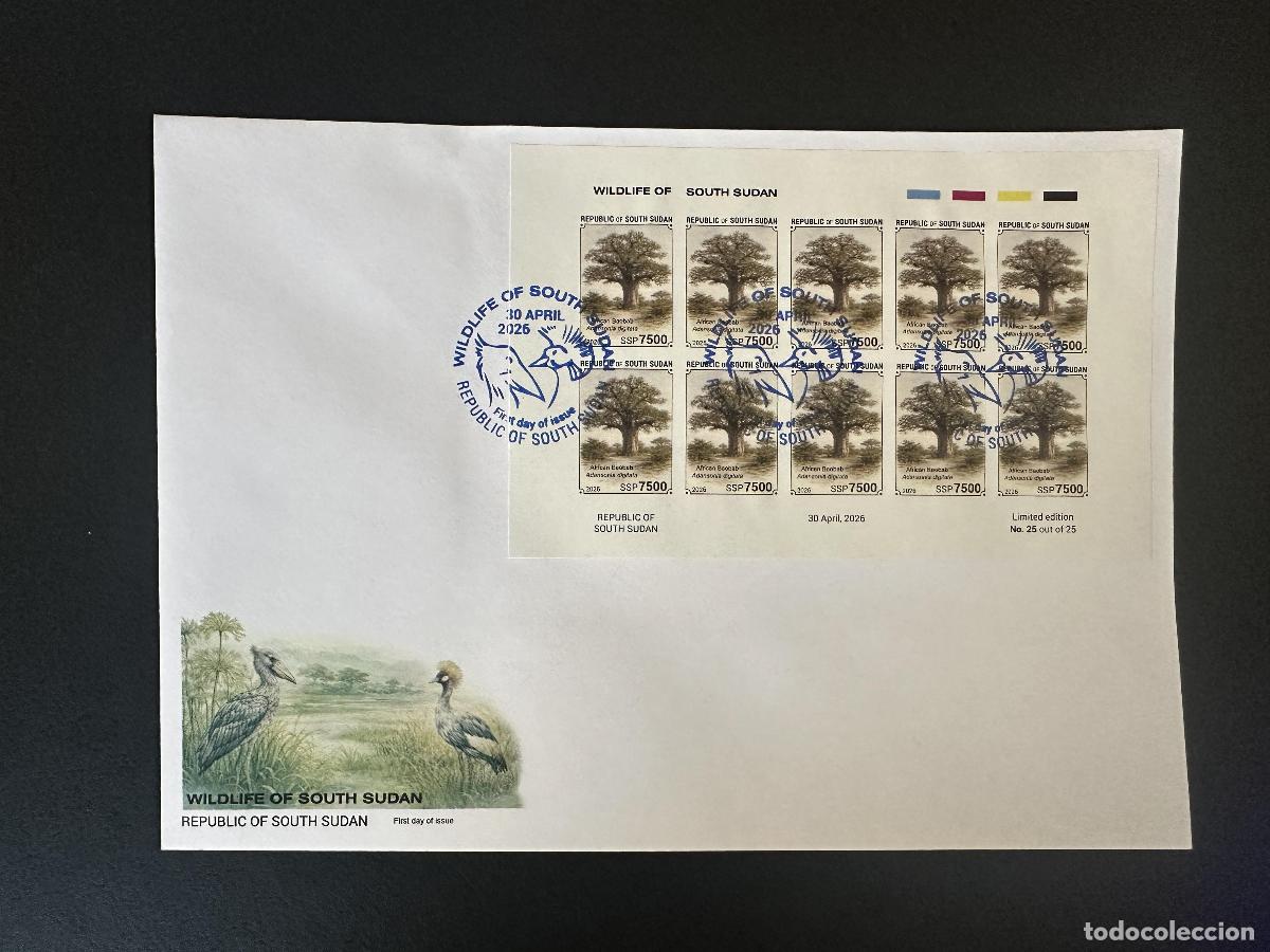 Briefmarken: Sud&aacute;n del Sur 2026 M/S FDC ND Baobab africano Adansonia digitata fauna flora