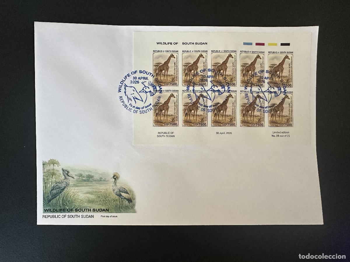 Briefmarken: Sud&aacute;n del Sur 2026 M/S FDC ND Jirafa Kordofan fauna silvestre ed. limitada