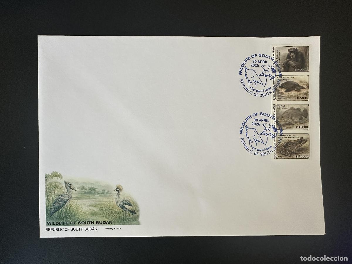 Sellos: Sud&aacute;n del Sur 2026 FDC ND fauna chimpanc&eacute; tortuga perca Nilo rana