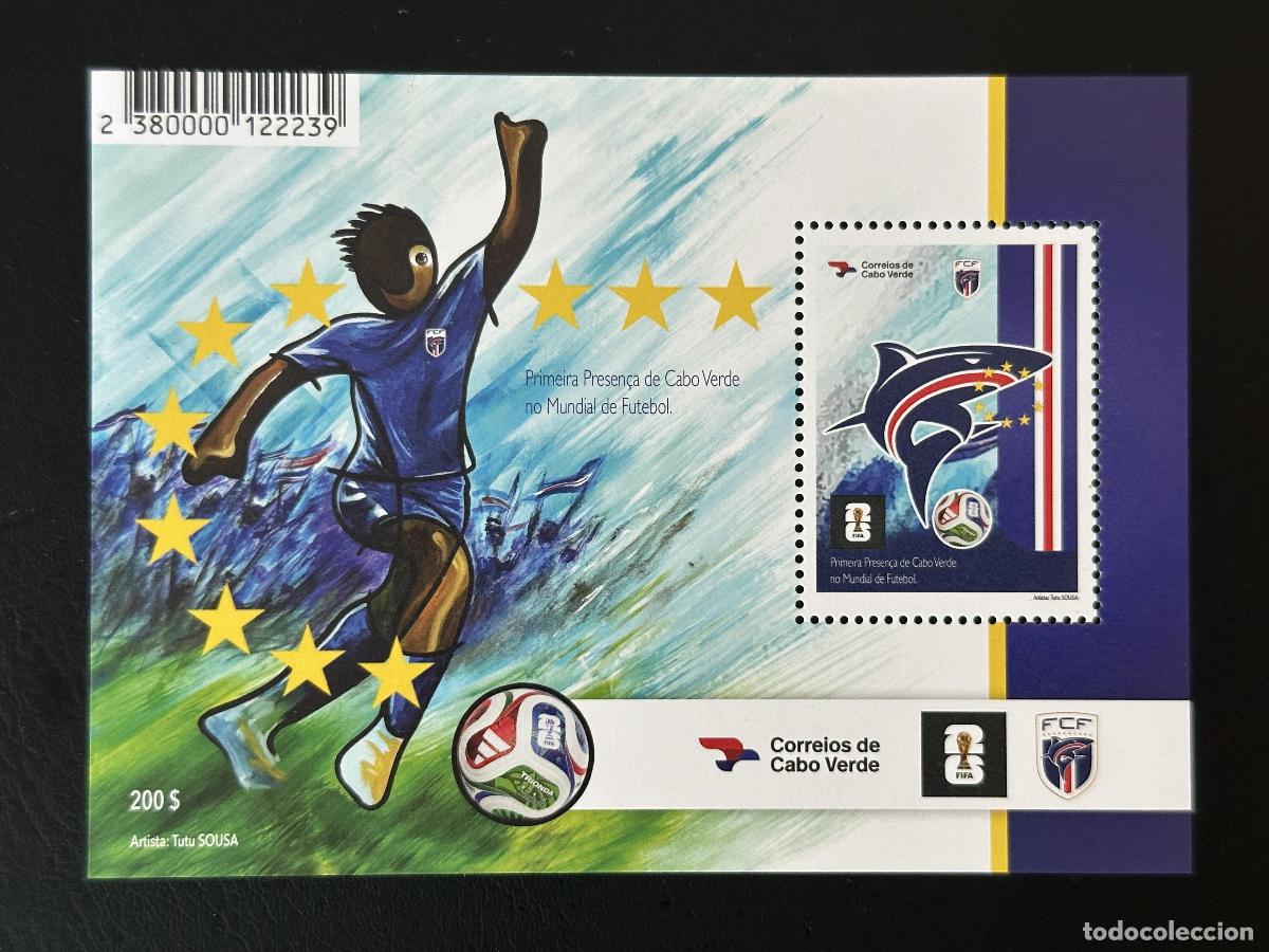 Sellos: Cabo Verde 2026 Bloque f&uacute;tbol Copa Mundial FIFA tibur&oacute;n mascota