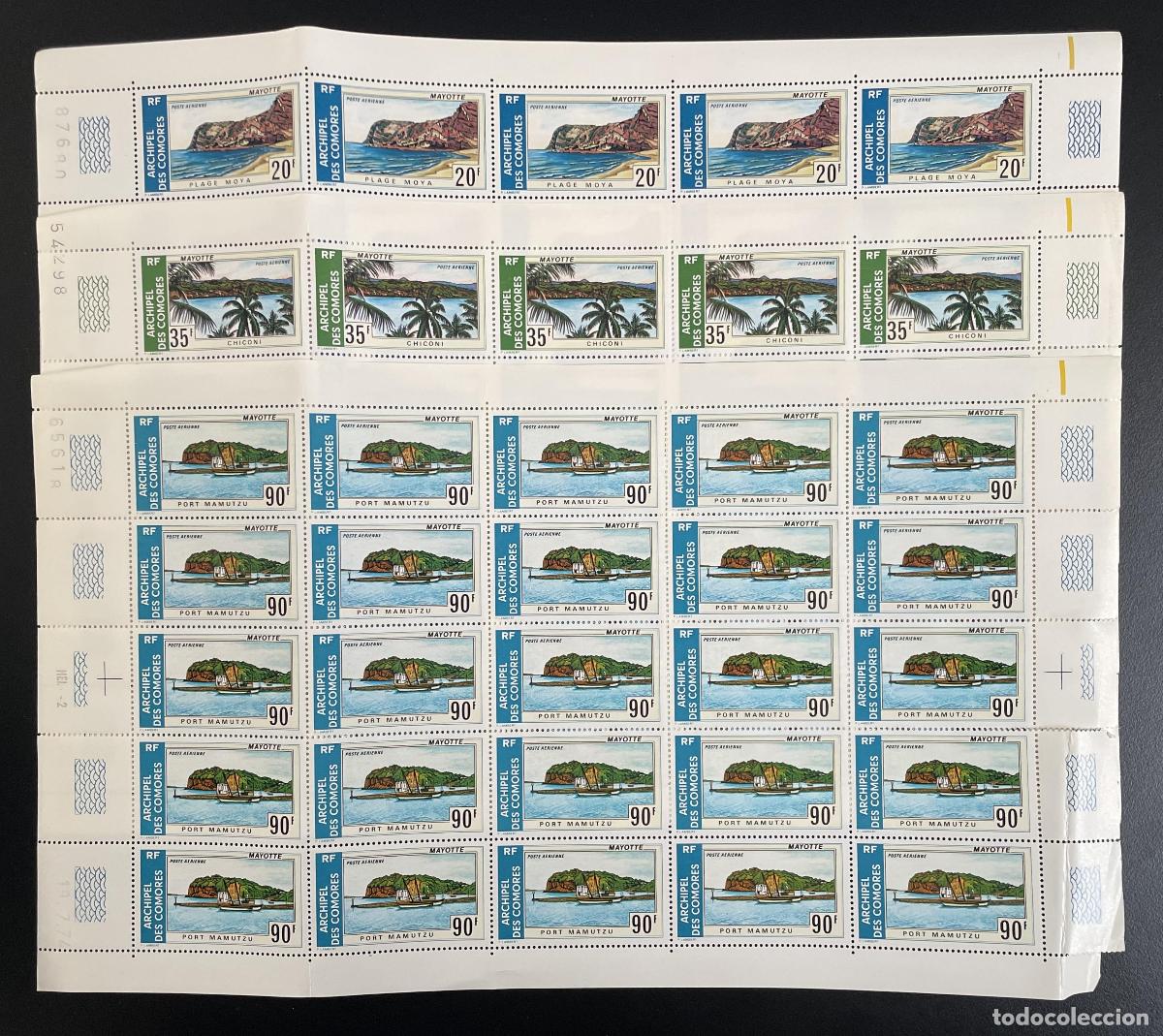 Sellos: Comoras 1974 YT PA 62-64 tabl&oacute;n Mayotte paisajes costas palmeras oc&eacute;ano