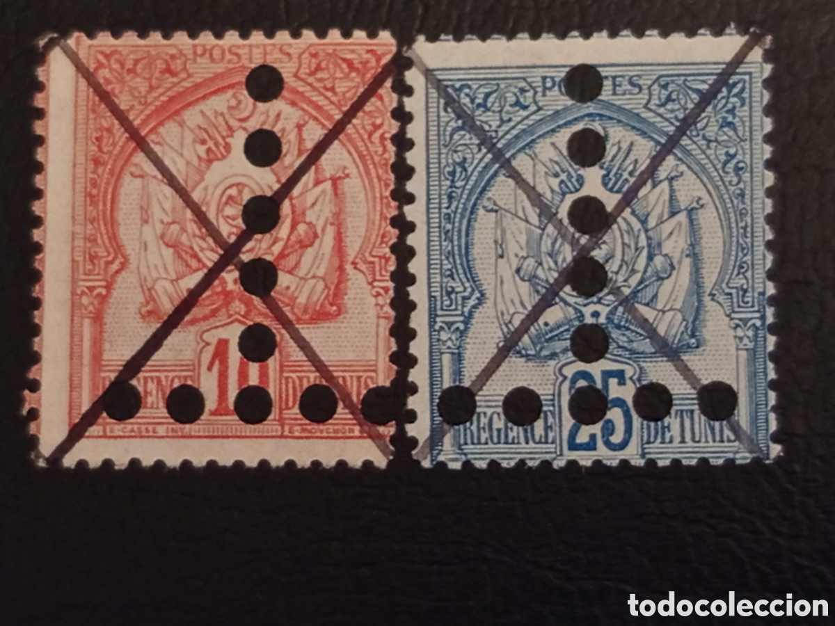 Sellos: Lote 2 Sellos T&uacute;nez 1888 15c y 25c Escudo Perforados - Cat Scott #10, #13 Usados