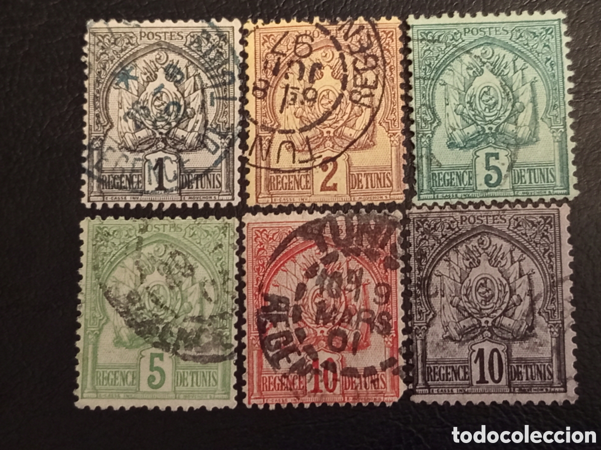 Sellos: Lote 6 Sellos T&uacute;nez 1888 Escudo 1c a 10c - Cat Scott #1,#2,#3,#4 Usados