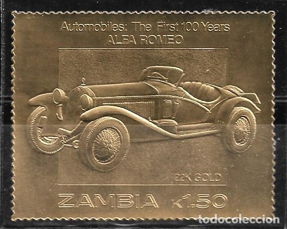 Sellos: ZAMBIA 1987, SELLO EN ORO - 100 A&Ntilde;OS DE AUTOM&Oacute;VILES - ALFA ROMEO. MNH.