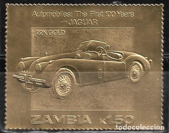 Sellos: ZAMBIA 1987, SELLO EN ORO - 100 A&Ntilde;OS DE AUTOM&Oacute;VILES - JAGUAR. MNH.