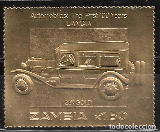 Sellos: ZAMBIA 1987, SELLO EN ORO - 100 A&Ntilde;OS DE AUTOM&Oacute;VILES - LANCIA. MNH.
