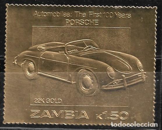 Sellos: ZAMBIA 1987, SELLO EN ORO - 100 A&Ntilde;OS DE AUTOM&Oacute;VILES - PORSCHE. MNH.