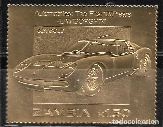 Sellos: ZAMBIA 1987, SELLO EN ORO - 100 A&Ntilde;OS DE AUTOM&Oacute;VILES - LAMBORGCHINI. MNH.