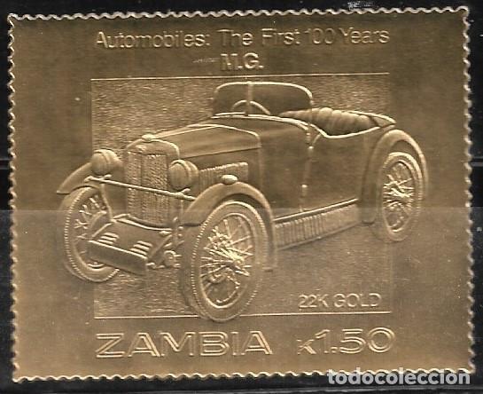 Sellos: ZAMBIA 1987, SELLO EN ORO - 100 A&Ntilde;OS DE AUTOM&Oacute;VILES - M.G. MNH.