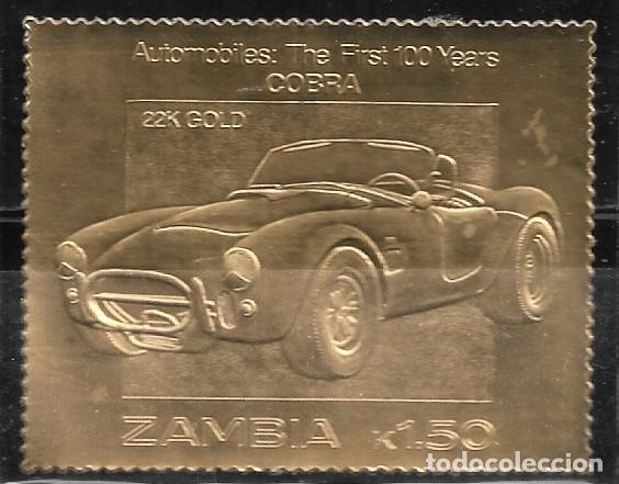 Sellos: ZAMBIA 1987, SELLO EN ORO - 100 A&Ntilde;OS DE AUTOM&Oacute;VILES - COBRA. MNH.