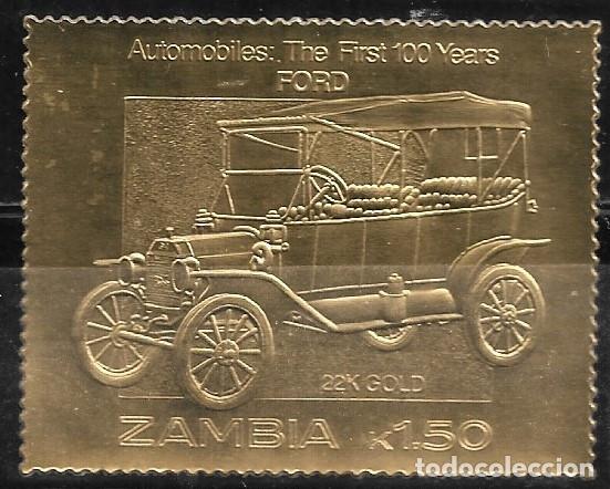Sellos: ZAMBIA 1987, SELLO EN ORO - 100 A&Ntilde;OS DE AUTOM&Oacute;VILES - FORD. MNH.