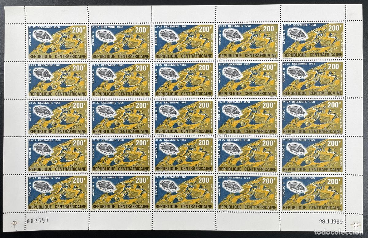 Sellos: Rep&uacute;blica Centroafricana 1969 YT PA 76 tabl&oacute;n Apolo 8 moon space