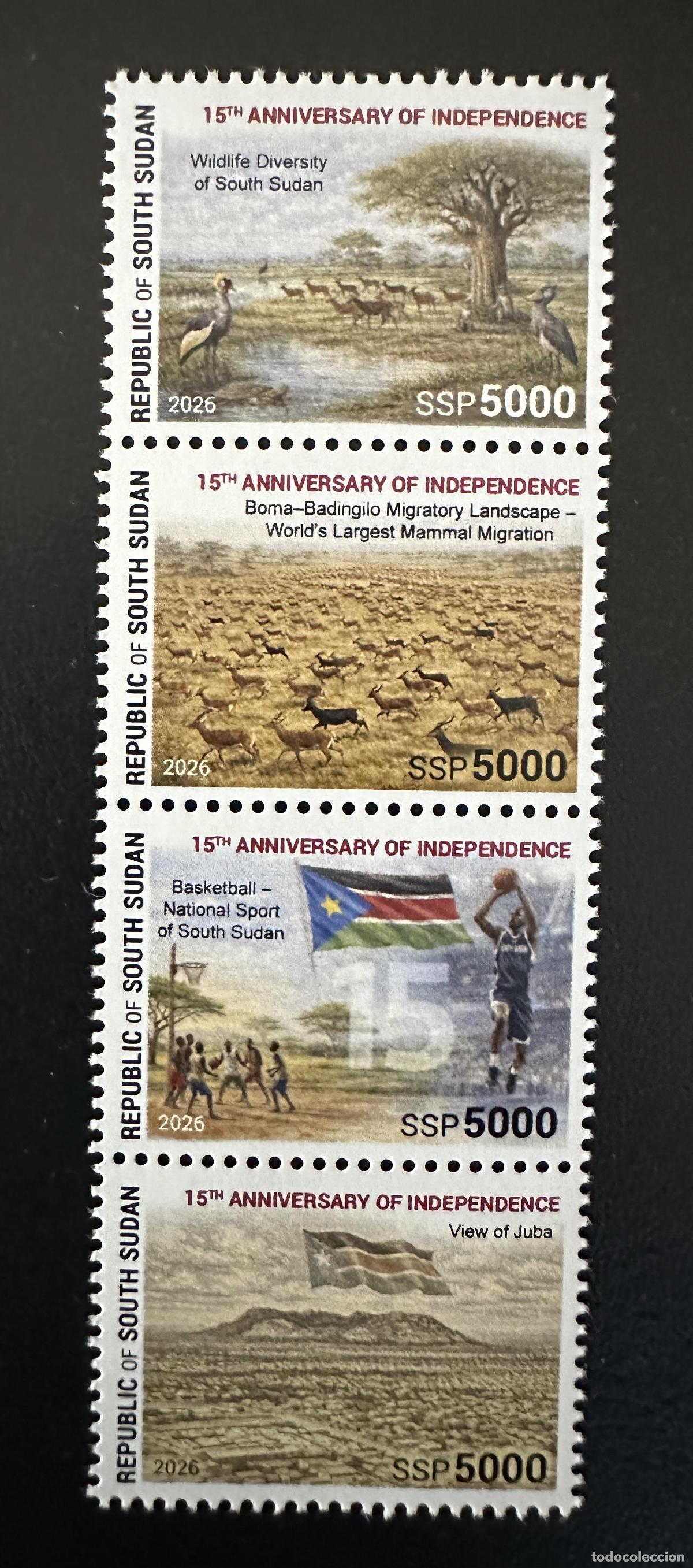 Sellos: Sud&aacute;n del Sur 2026 banda independencia fauna migraci&oacute;n baloncesto Juba bandera