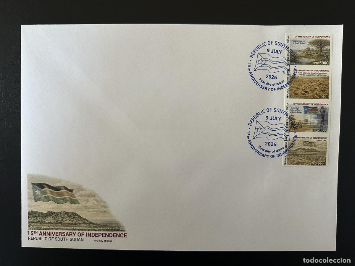 Sellos: Sud&aacute;n del Sur 2026 FDC ND banda 15&deg; aniversario independencia fauna bandera