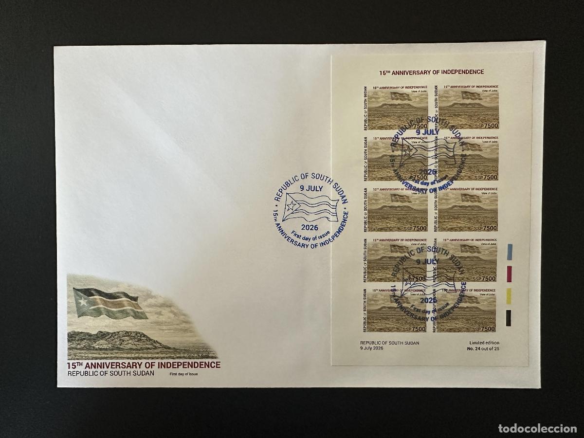 Sellos: Sud&aacute;n del Sur 2026 FDC ND IMPERF M/S independencia 15 a&ntilde;os bandera Juba
