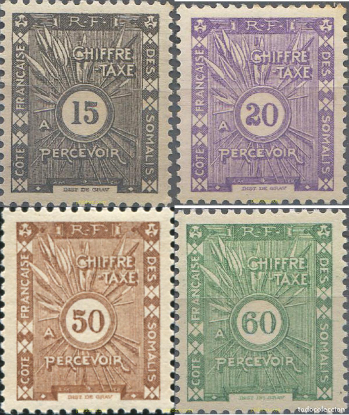Sellos: 668263 HINGED COSTA DE LOS SOMALIS 1938 SELLOS DE TASA, SELLOS DEL 1915 CIFRAS MODIFICADAS