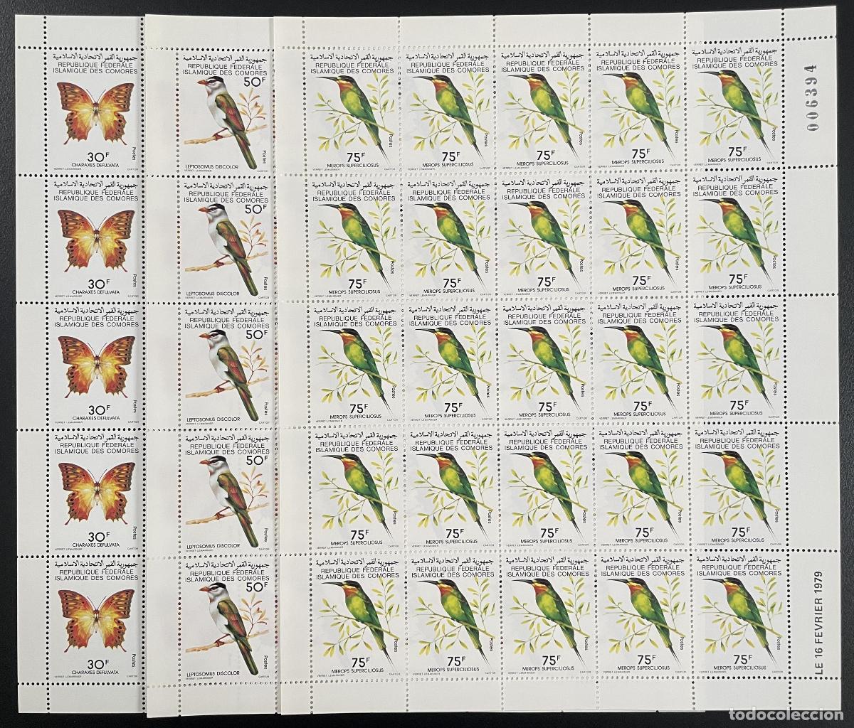 Sellos: Comoras 1979 YT 253-255 tabl&oacute;n p&aacute;jaros mariposas Merops superciliosus Charaxes