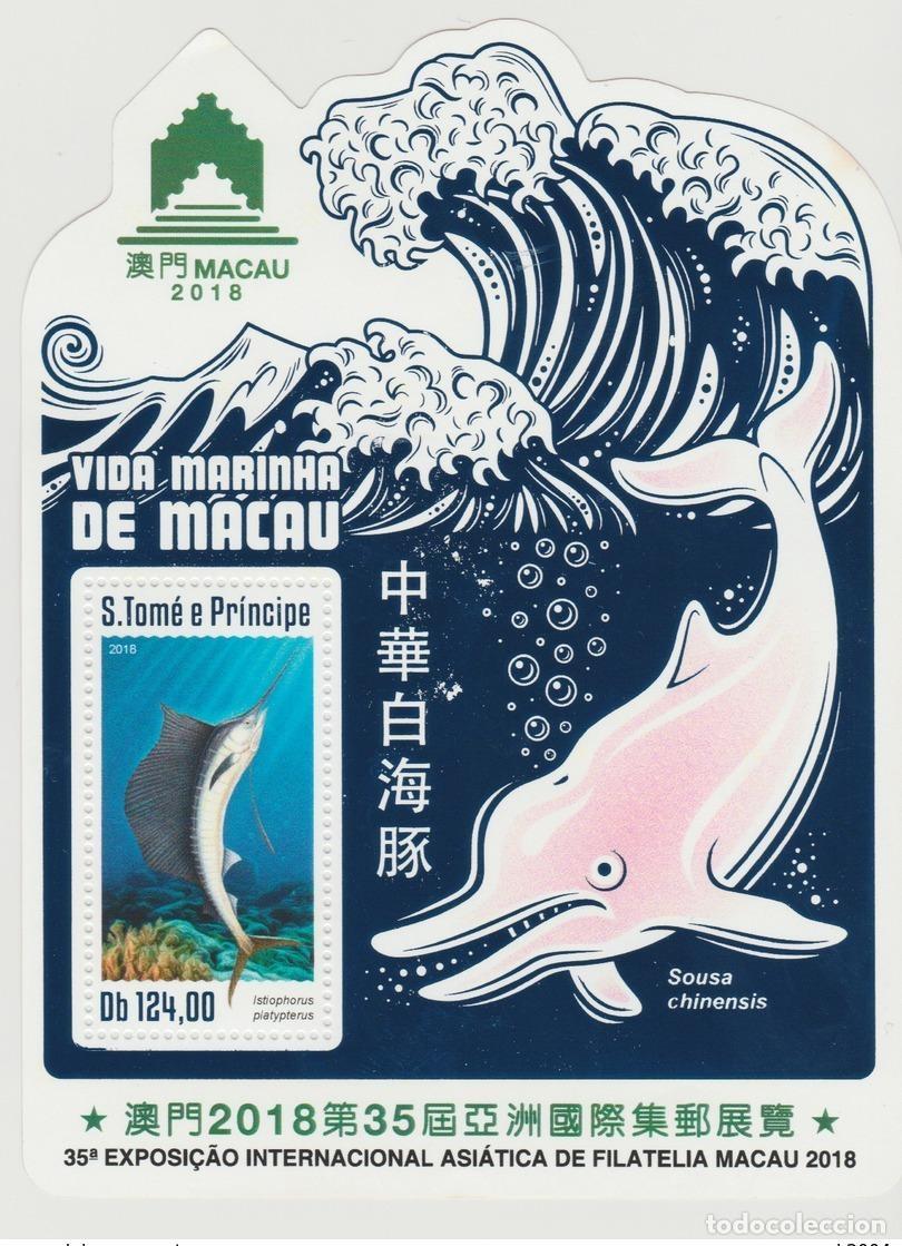 Sellos: Santo Tom&eacute; y Pr&iacute;ncipe de mayo 2018. &iquest;Bl.? Finistra la vida marina silvestre Macao los delfines