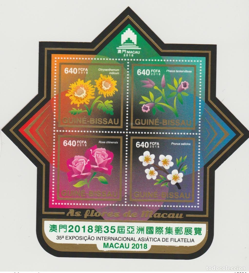 Sellos: Guinea-Bis&aacute;u 2018 Mi. &iquest;Bl.? Foil Macao Flora Flore Flowers Bl&uuml;ten Pink