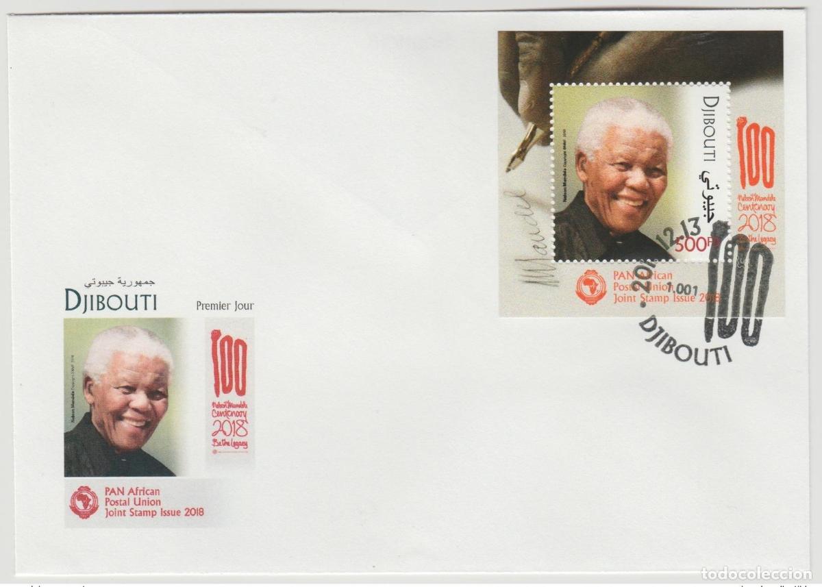 Sellos: Djibouti 2018 S/S FDC Primer d&iacute;a Edici&oacute;n conjunta PAN Nelson Mandela 100 a&ntilde;os