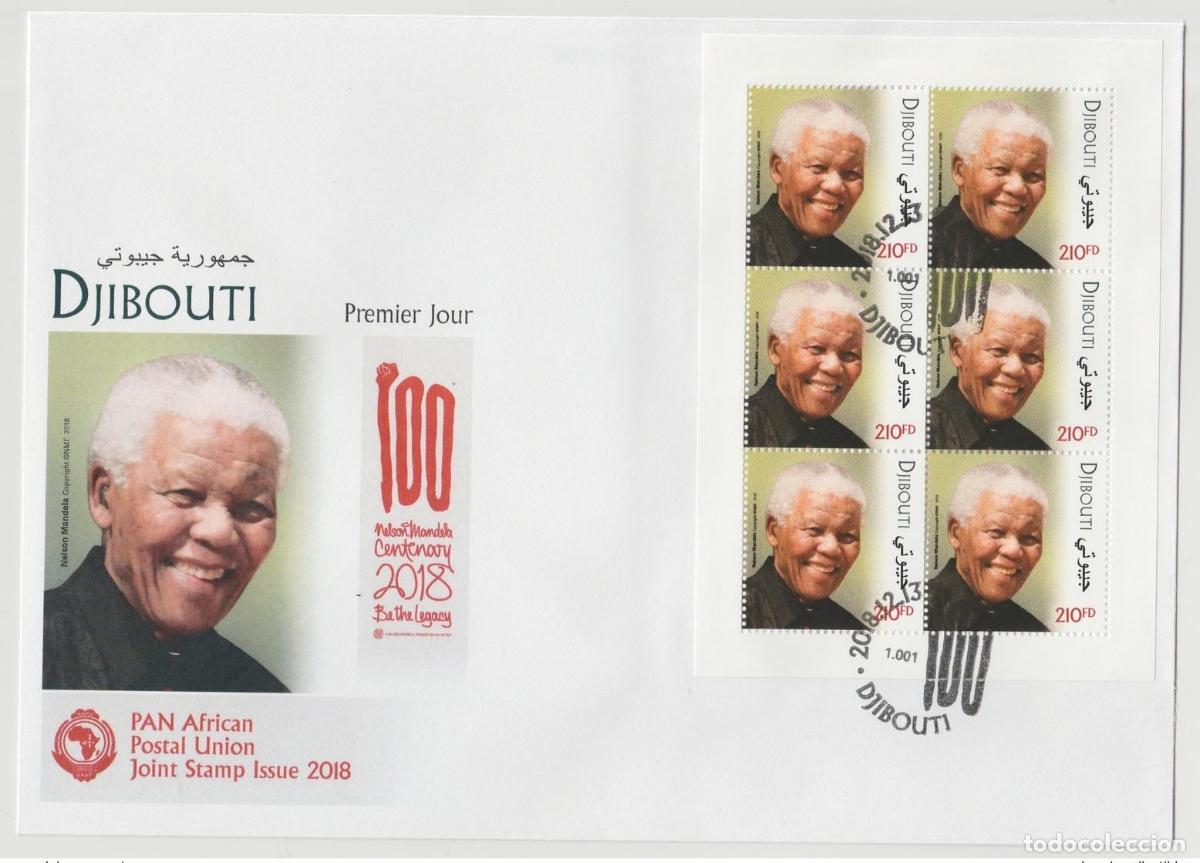 Sellos: Djibouti 2018 M/S FDC Emisi&oacute;n conjunta 1er d&iacute;a PAN Nelson Mandela 100 a&ntilde;os