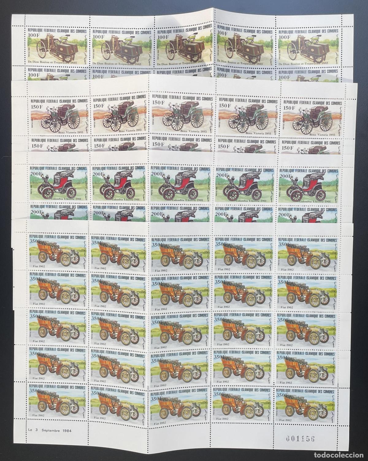 Sellos: Comoras 1984 YT 408-411 tabl&oacute;n coches antiguos transporte