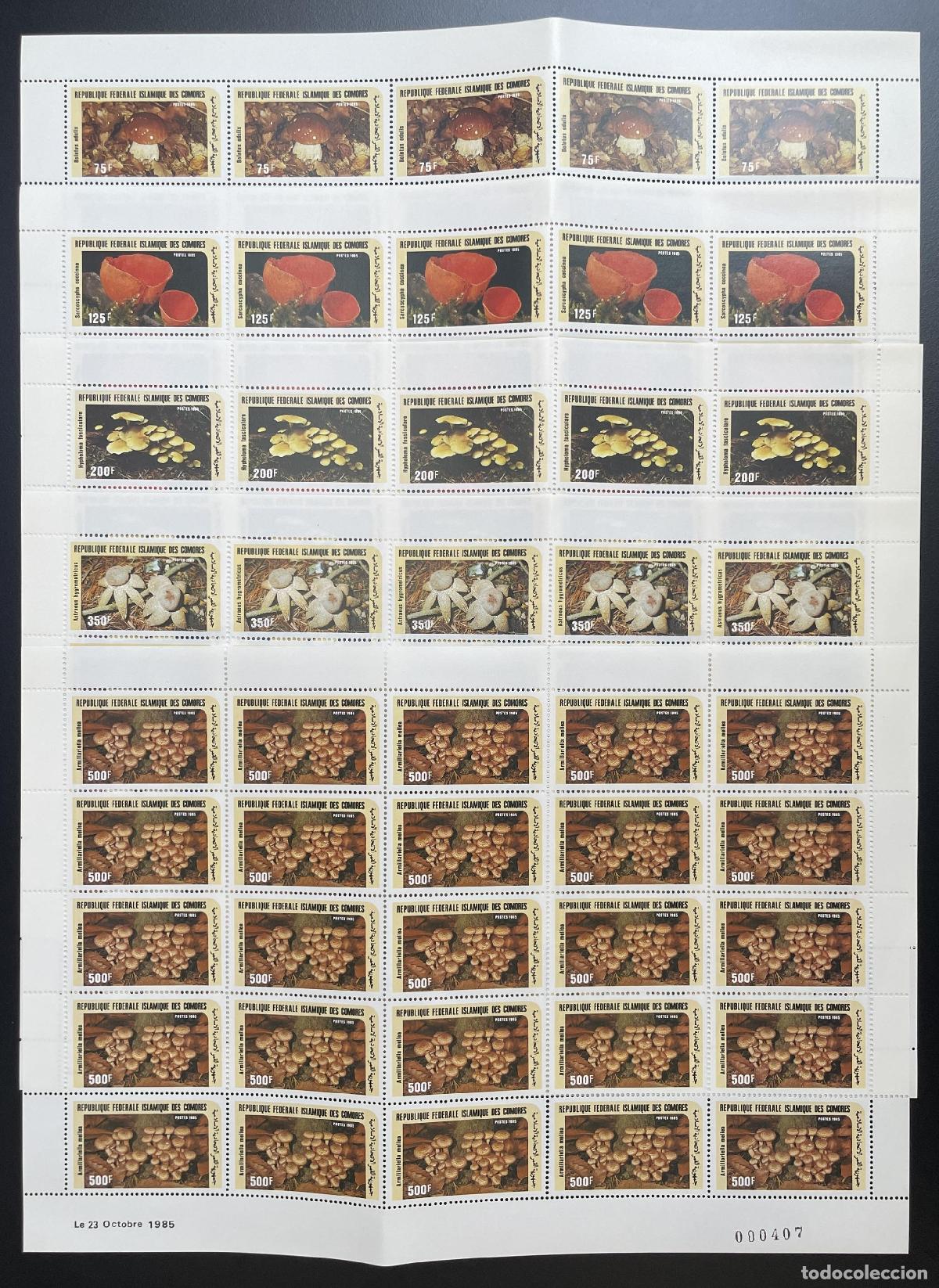 Sellos: Comoras 1985 YT 435-439 tabl&oacute;n hongos micolog&iacute;a naturaleza flora