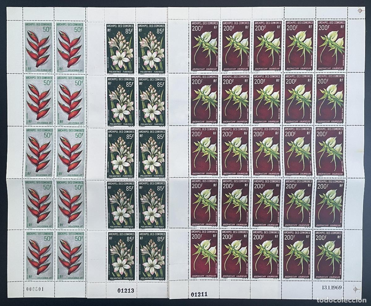 Sellos: Comoras 1969 YT PA 26-28 tabl&oacute;n de flores orqu&iacute;dea heliconia polianthes angraecum