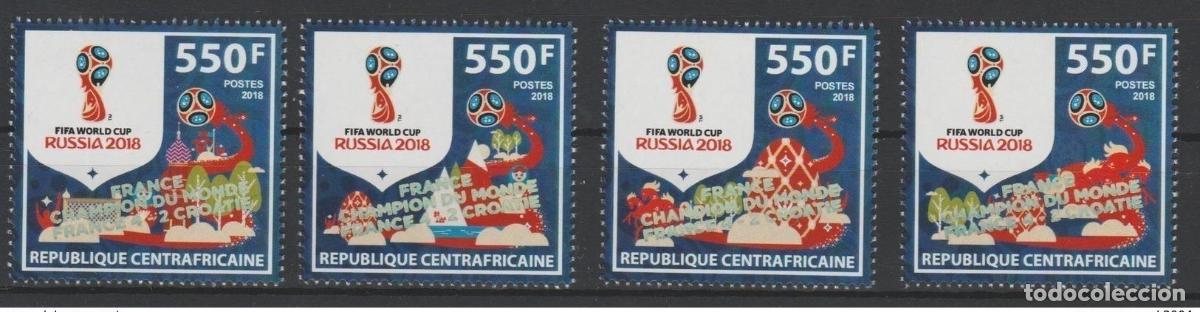 Sellos: Rep&uacute;blica Centroafricana 2018 en el cap. ovpt. HOLOGRAMA DE LA COPA MUNDIAL FIFA &laquo;CAMPE&Oacute;N FRANCIA&raquo;
