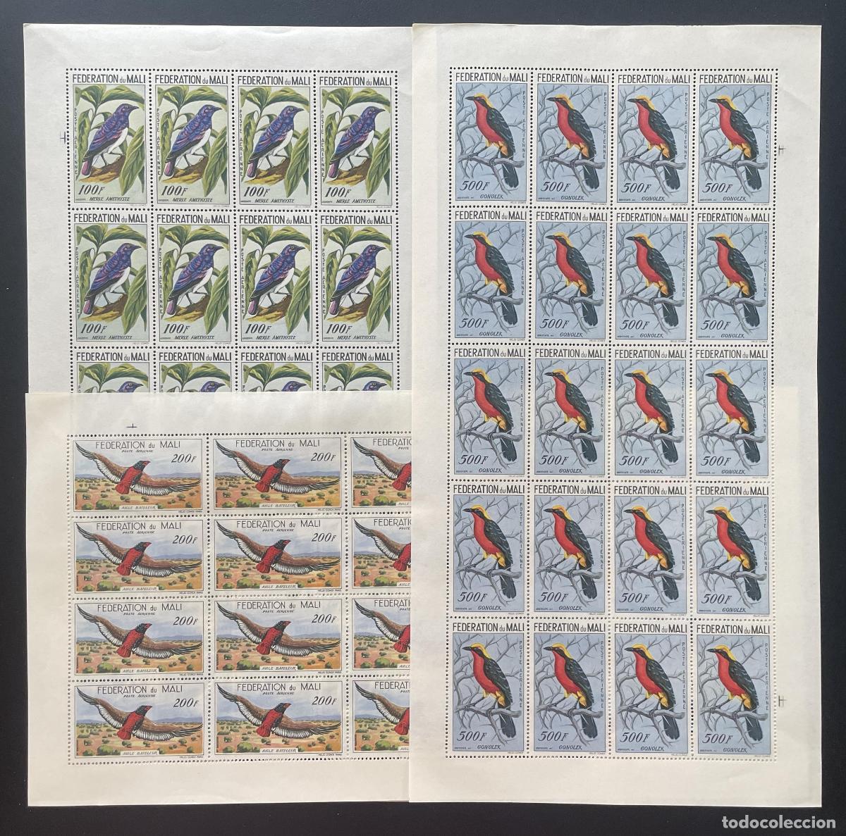 Sellos: Mali 1960 YT PA 2-4 bloque aves mirlo amatista gonolek &aacute;guila