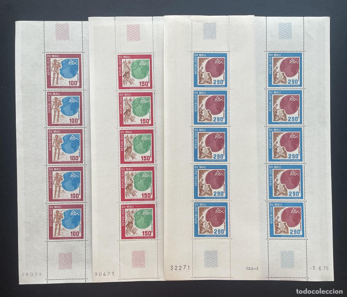Sellos: Mali 1975 YT PA 249-251 bloque escultismo mundial scout globo mapa