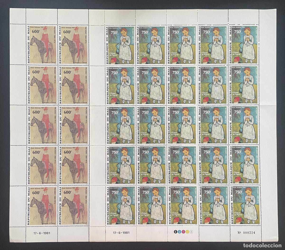 Sellos: Mali 1981 YT PA 427-428 bloque Picasso Arlequ&iacute;n Ni&ntilde;o Paloma