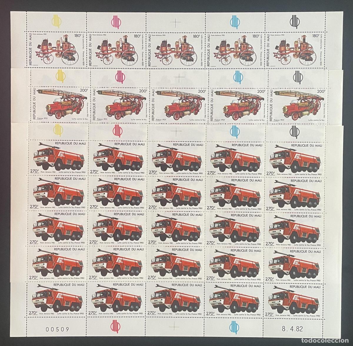 Sellos: Mali 1982 YT PA 449-451 bloque bomberos cami&oacute;n incendio lucha fuego
