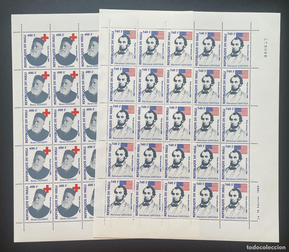 Sellos: Mali 1984 YT PA 483-484 tabl&oacute;n Henri Dunant Cruz Roja Lincoln