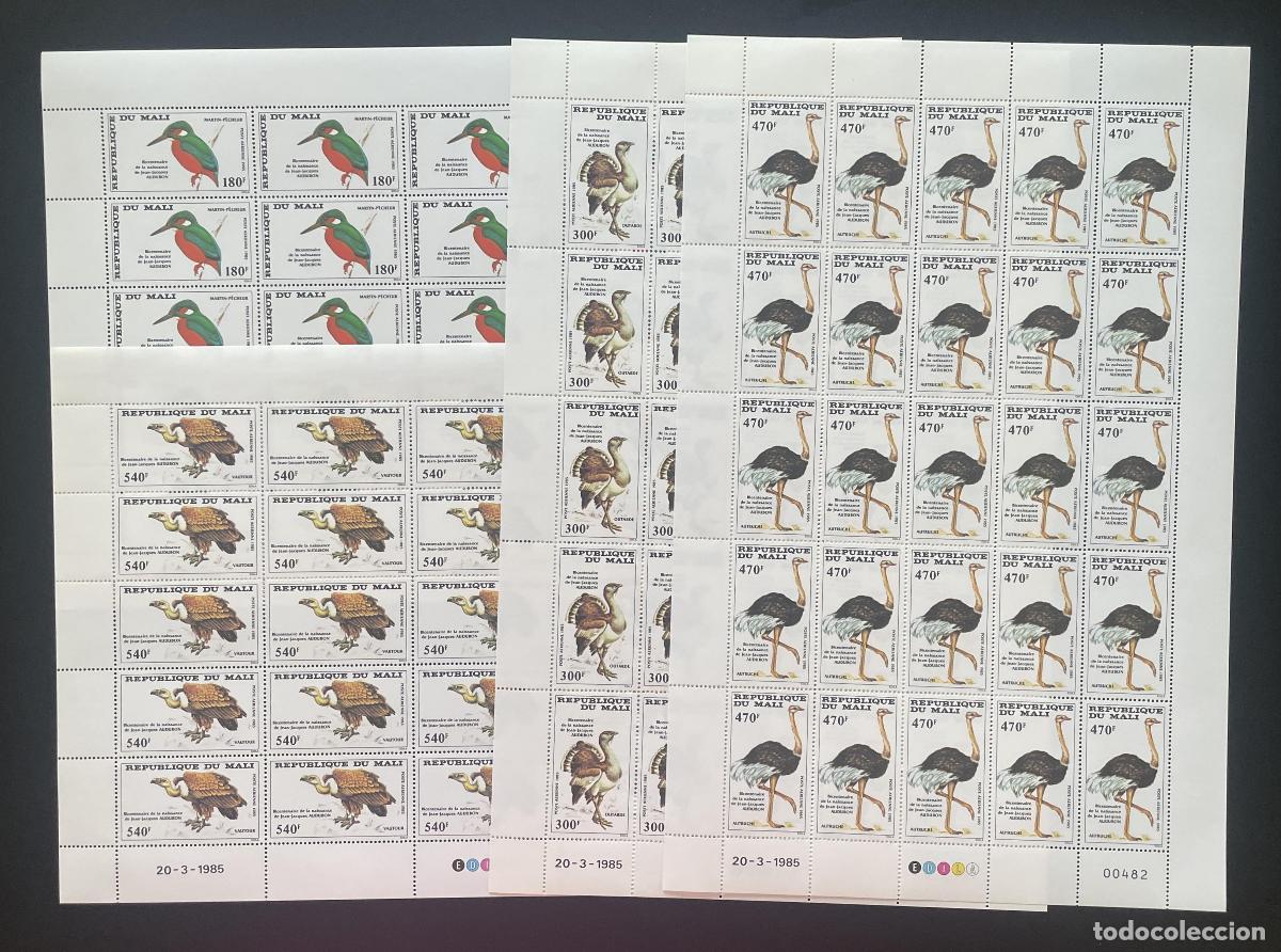 Sellos: Mali 1985 YT PA 503-506 bloque aves Audubon mart&iacute;n pescador avestruz