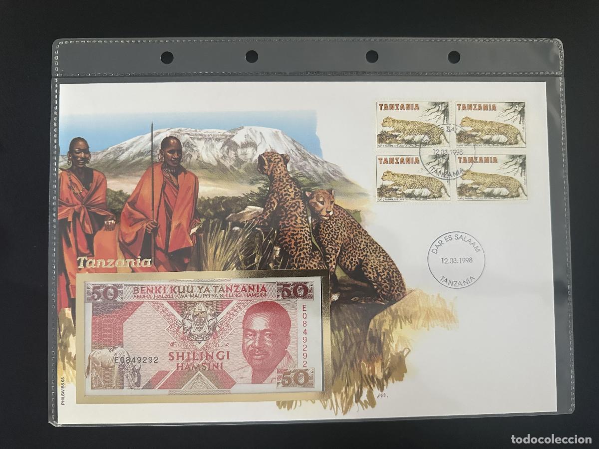 Sellos: Tanzania sobre numism&aacute;tico 1998 billete 50 Shilingi leopardo