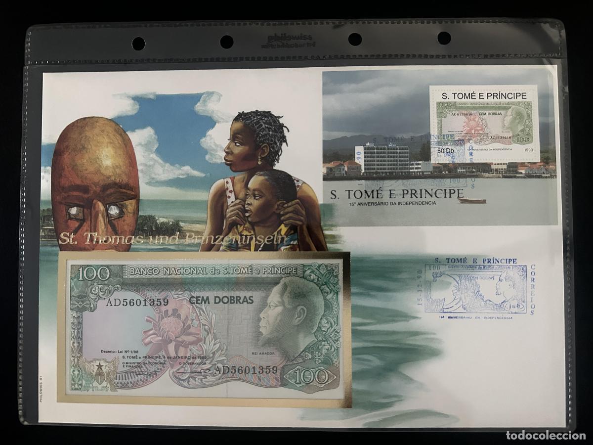Sellos: Santo Tom&eacute; y Pr&iacute;ncipe sobre numism&aacute;tico billete 100 Dobras 1990