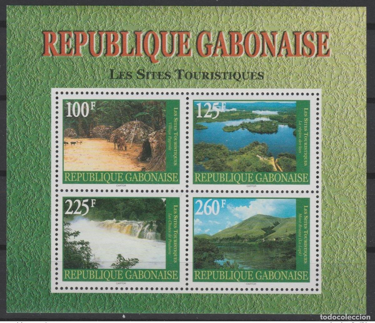 Sellos: Gab&oacute;n 2000 Mi. bl. 104 sitios tur&iacute;sticos Pueblos pigmeos lagos Mont-Brazza &iexcl;RARO!