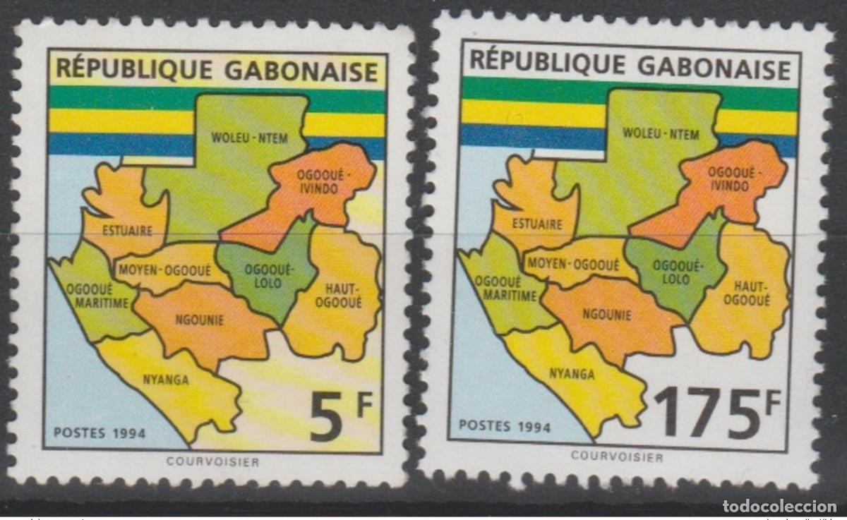 Sellos: Gab&oacute;n 1994 Mi. 1172 + 1175 Serie actual Freimarken Mapa de provincias