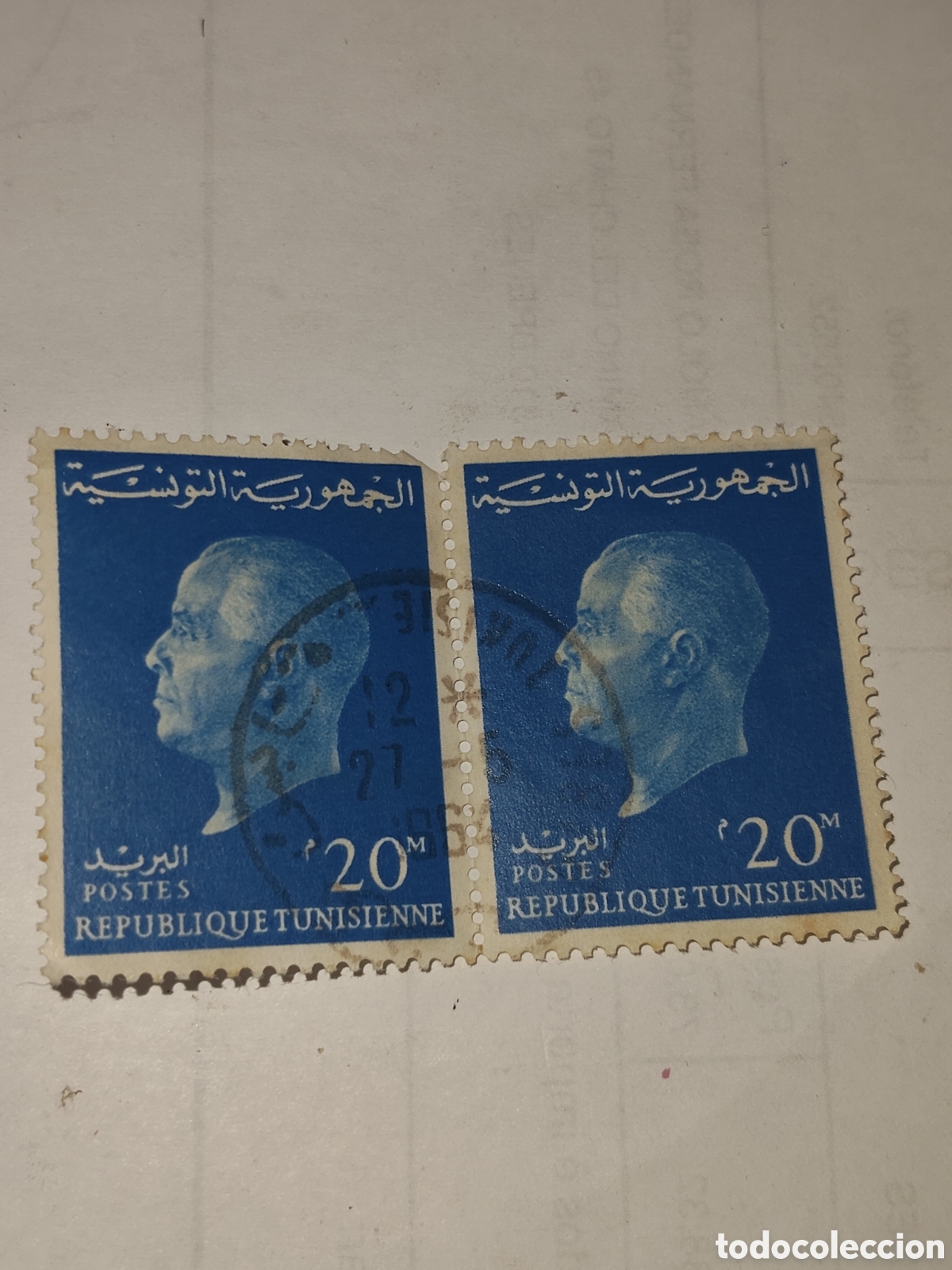 Sellos: Bloque de 2 sellos de T&uacute;nez Habib Bourguiba primer Presidente de Tunez 1962